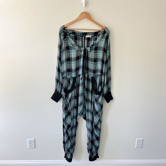 Free People Intimately Fallin For Flannel Blue Black Plaid Jumpsuit Medium - Picture 4 of 12
